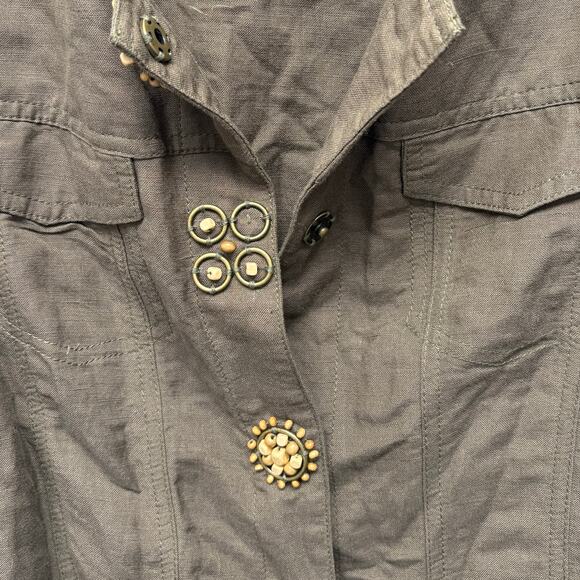 Ruby Rd Jacket, Brown Linen Blend Coat, Lightweight, Bead Snaps, Size 10 - Picture 6 of 6